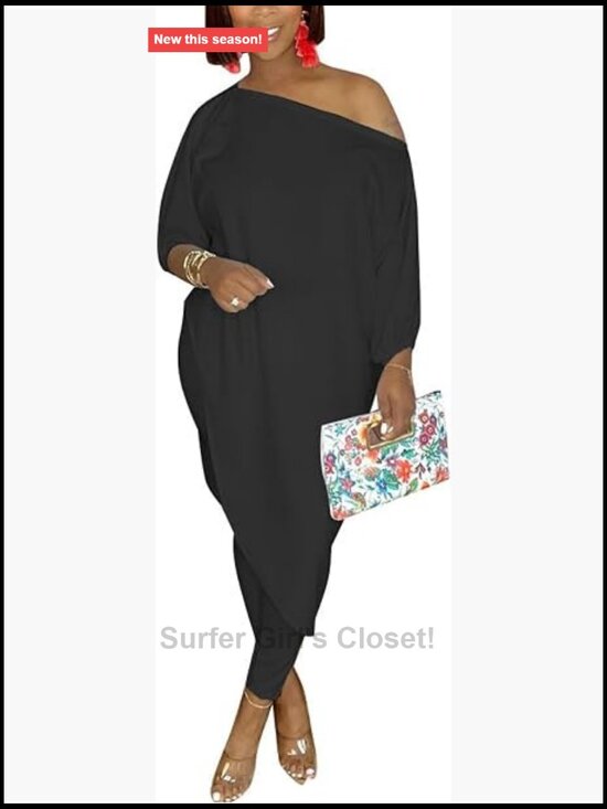Tops - Casual 2 Piece Outfit Off Shoulder Irregular Hem Tunic Top Bodycon Pants Set